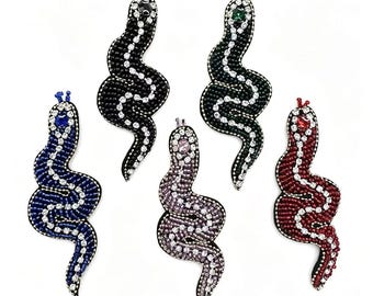 Beaded Snake Embroidery Patch, Handmade Sequin Serpent Applique, Colorful Animal, Jacket Bag Hat Badge