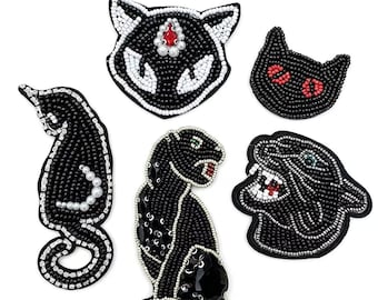 Beaded Black Cat Patch Set | Crystal Applique Sew On Embroidery for Jackets, Bags