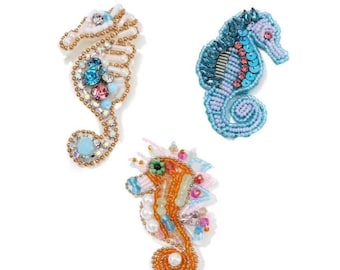 Seahorse Crystal Patch Set, Hand-Embroidered Beaded Ocean Creatures | Sew On for Tote Bag Jacket Beach Outfit