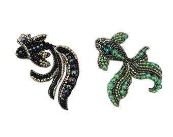 Hand-Beaded Koi Goldfish Patch | Crystal Pearl Fish Sew On Applique Asian Art