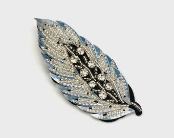 Hand-Embroidered Feather Crystal Patch, Beaded Nature Motif, Sew On Decor