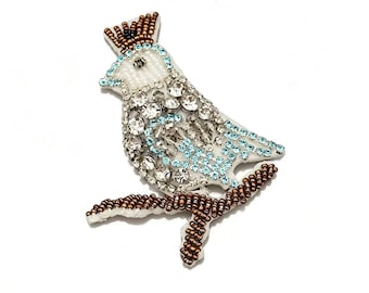 Hand-Embroidered Crystal Bird Patch, Beaded Sparrow Motif, Cottagecore Sew-On Applique