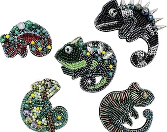 Chameleon Beaded Embroidery Patch, Colorful Lizard Applique, Handmade Sequin Animal Badge, Decorative Chameleon Motif