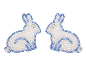 Hand-Embroidered Beaded Bunny Patch, Pearl White Blue Motif, Sew On Kawaii Bag Accent