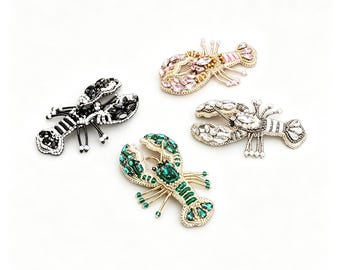 Hand-Embroidered Crystal Lobster Patch, Beaded Seafood Motif, Coastal Jacket Accessory