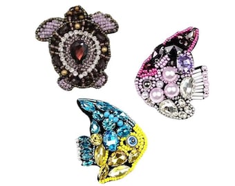 Beaded Sea Turtle Fish Patch Set, Hand-Embroidered Crystal Ocean Motifs, Sew On Decor