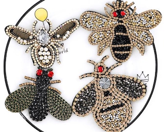 Sparkling Beaded Honey Bee Patch | Crystal Insect Applique, Sew On Jacket Hat Bag