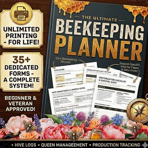 Puede incluir: Un planificador de apicultura con un borde superior de panal, que incluye páginas internas para registros de colmenas, diarios de captura de enjambres y listas de control de invernada. La portada muestra el texto The Ultimate Beekeeping Planner.