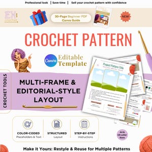 以下が含まれることがあります： 「CROCHET PATTERN」のテキストが入ったデジタルかぎ針編みパターンテンプレート。テンプレートには、30ページの初心者向けPDF Canvaガイド、マルチフレームレイアウト、ステップバイステップの説明が含まれています。 かぎ針編みパターンデザイナー向けに設計されています。
