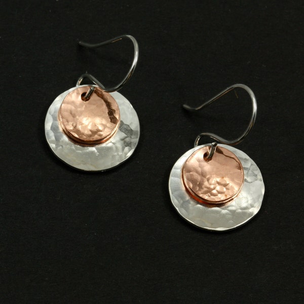 Hammered Silver and Copper Earrings, Hammered Sterling Silver Earrings, Hammered Silver Earrings, Hammered Copper Earrings, Hammered Earring