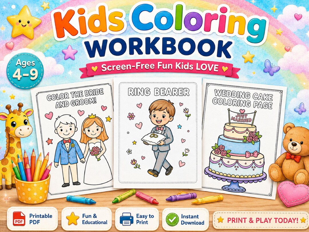 Kids Wedding Coloring Workbook Printable PDF Activity Book for Ages 4–9 ...