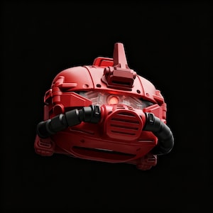 May include: A red robotic helmet featuring a central glowing red eye, a prominent top fin, and black segmented tubing extending from the sides to a central vented mouth piece. The structure is composed of molded plastic panels with visible seams.
