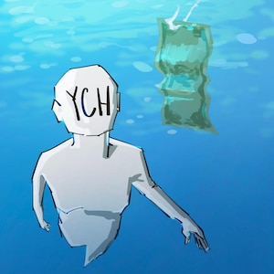 May include: A digital illustration of a white, faceless figure with the letters YCH written on its head, submerged in bright blue water. A single green rectangular bill floats in the water above the figure, appearing distorted by the liquid surface.
