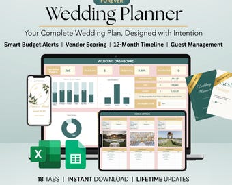 Ultimate Wedding Planner Spreadsheet, Google Sheets & Excel Template 2026 | Budget, Guest List, Vendor Scoring, Timeline | Digital Download