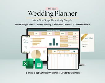 Simple Wedding Planner Spreadsheet, Google Sheets & Excel Template 2026 | Budget Tracker, Guest List, Calendar, Dashboard | Digital Download