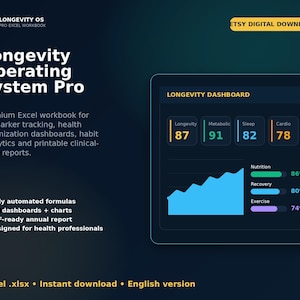 May include: Longevity Operating System Pro Excel workbook featuring a dark-themed dashboard with metrics for Longevity, Metabolic, Sleep, and Cardio health. Includes charts for Nutrition, Recovery, and Exercise tracking with automated formulas and reports.