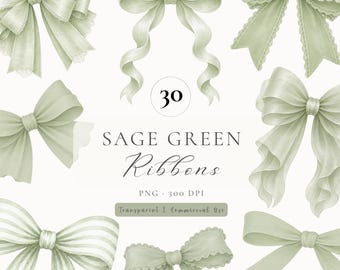 Coquette Sage Green Bow Clipart, Watercolor Ribbon PNG Bundle, Watercolor bow clipart bundle (30 Images)