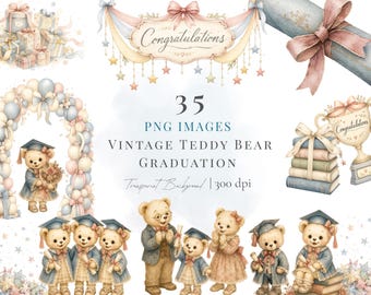 Vintage Teddy Bear Graduation Clipart Bundle: Watercolor Storybook Graphics (PNG)