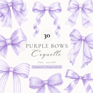 Coquette Soft Purple Bow Clipart, Watercolor Ribbon PNG Bundle, Watercolor bow clipart bundle (30 Images)