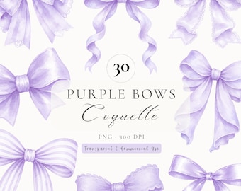 Coquette Soft Purple Bow Clipart, Watercolor Ribbon PNG Bundle, Watercolor bow clipart bundle (30 Images)
