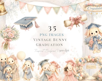 Vintage Bunny Graduation Clipart, Watercolor Rabbits, PNG Bundle (Instant Download)