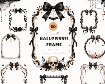 Halloween Coquette Frame  Clipart, Watercolor Ribbon PNG Bundle, Spooky Cute Pink Purple Orange Black Ribbon PNG (60 Images)