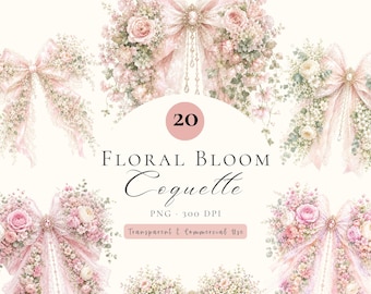 Coquette Floral Bow Clipart Bundle, Watercolor Ribbon PNG Digital Download ,bundle ,Wedding Clipart, Transparent Background