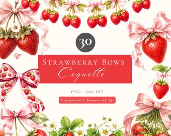 Coquette Strawberry Watercolor Clipart, Pastel Bow PNG, Watercolor bow clipart bundle (Digital Download)