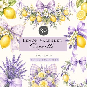 Lemon Lavender Coquette Clipart Bundle, Watercolor Bow Clipart PNG, Floral Wreath Clipart, Commercial Use, Sublimation PNG