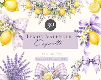 Lemon Lavender Coquette Clipart Bundle, Watercolor Bow Clipart PNG, Floral Wreath Clipart, Commercial Use, Sublimation PNG