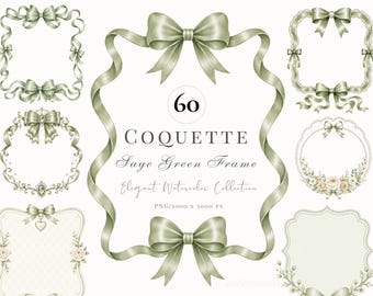 Coquette Sage Green Bow Frame Clipart, Sage Green coquette bow frame clipart ,Birthday Invitation, Baby Shower Invitation Frame PNG