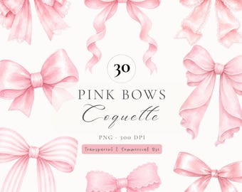 Coquette Pink Bow Clipart, Watercolor Ribbon PNG Bundle, Watercolor bow clipart bundle (30 Images)