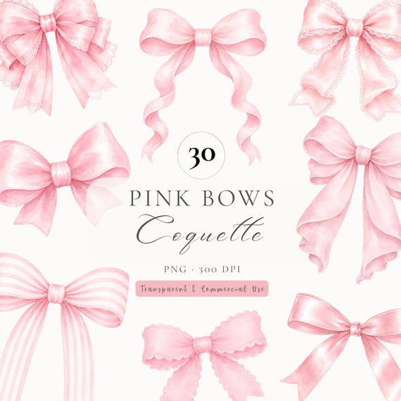 Coquette Pink Bow Clipart, Watercolor Ribbon PNG Bundle, Watercolor bow clipart bundle (30 Images)