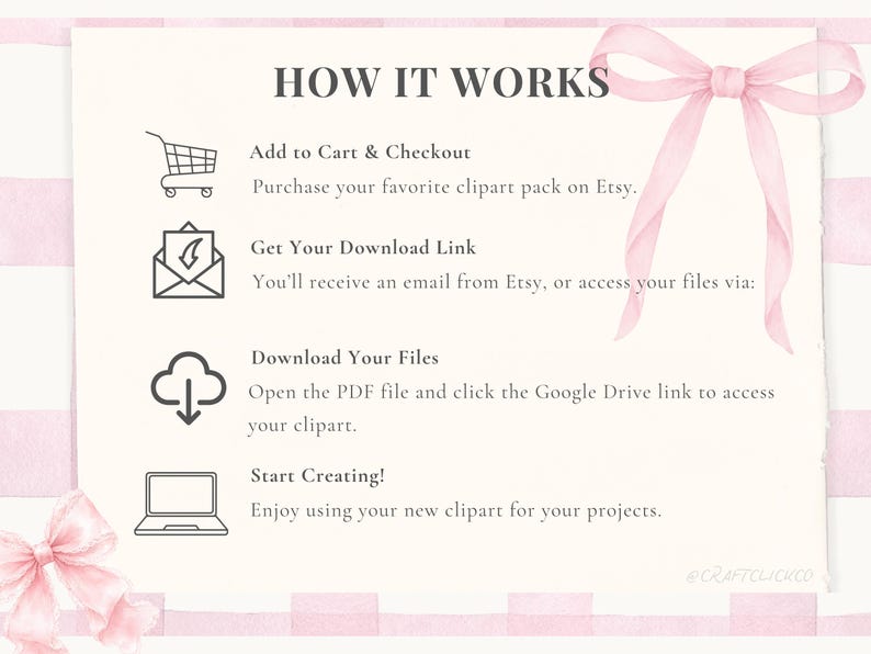 May include: A light beige graphic with the text "HOW IT WORKS" and instructions for purchasing clipart on Etsy. The steps include adding to cart, getting a download link, downloading files, and starting to create. Pink ribbon accents and a pink and white striped background.