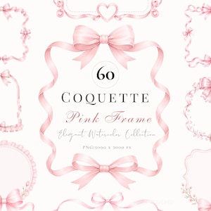 Coquette Pink Bow Frame Clipart, Soft pink coquette bow frame clipart ,Birthday Invitation, Baby Shower Invitation Frame PNG