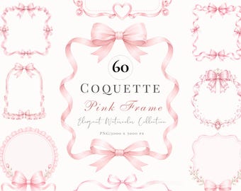 Coquette Pink Bow Frame Clipart, Soft pink coquette bow frame clipart ,Birthday Invitation, Baby Shower Invitation Frame PNG