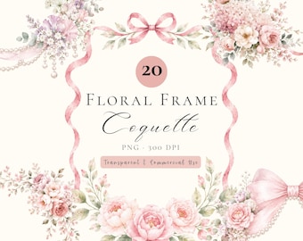 Coquette Floral Frame Clipart, Watercolor Bow PNG, Watercolor bow clipart bundle (Digital Download)