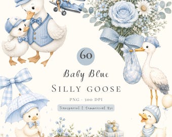 Baby Blue Goose Watercolor Clipart PNG, Silly Goose Baby Shower, Duck Nursery Clipart, Goose Clipart Bundle, Watercolor bow clipart bundle