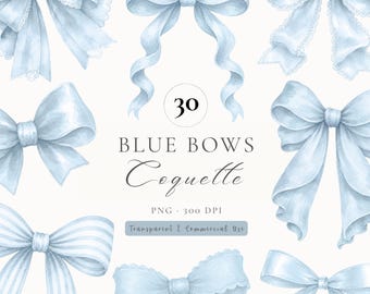 Coquette Blue Bow Clipart, Watercolor Ribbon PNG Bundle, Watercolor bow clipart bundle (30 Images)