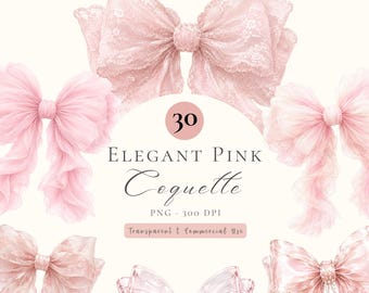 Coquette Pink Bow Clipart, Blush Pink Coquette Bow Clipart Bundle, Watercolor Ribbon PNG,  Baby Nursery Decor, Baby Shower, Wedding Invited