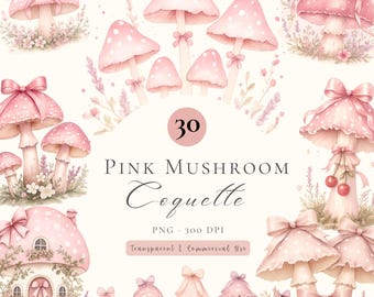 Coquette Pink Mushrooms Watercolor Clipart Bundle, Cottagecore Pastel PNG, Watercolor bow clipart bundle (Digital Download)