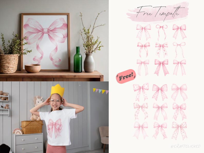 May include: A framed watercolor print of a large pink bow with flowing ribbons. A white t-shirt with a pink bow graphic is worn by a person. The image also shows a collection of pink bow templates and the text "Free Template".
