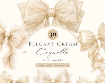 Coquette Ivory Cream Bow Clipart, Ivory Cream Coquette Bow Clipart Bundle, Watercolor Ribbon PNG,  Baby Nursery Decor, Baby Shower