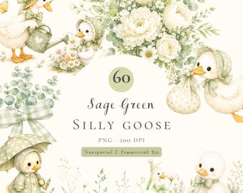 Sage Green Goose Watercolor Clipart PNG, Silly Goose Baby Shower, Duck Nursery Clipart, Goose Clipart Bundle, Transparent PNG Sublimation