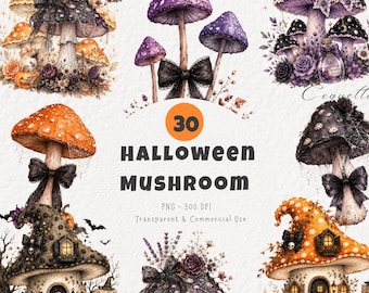 Halloween Mushroom Coquette Clipart PNG | 30 Watercolor Spooky Purple Black Cottage core Mushroom Bundle | Dark Aesthetic Digital Download