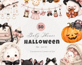Coquette Halloween Baby Shower Clipart, Cute Ghost PNG Bundle, Pink Black Bow Watercolor, Pastel Boo Nursery Clipart, Gothic Baby Shower