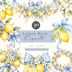 Lemon Blue Bow Clipart , Amalfi Lemon Watercolor Bundle, Citrus Bow Clipart, Wreath Clipart, Transparent PNG Commercial Use Digital Download
