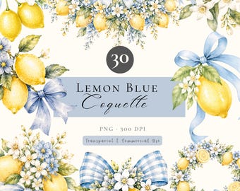 Lemon Blue Bow Clipart , Amalfi Lemon Watercolor Bundle, Citrus Bow Clipart, Wreath Clipart, Transparent PNG Commercial Use Digital Download