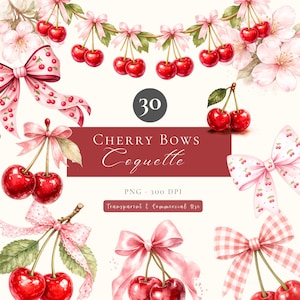 May include: Watercolor illustration of cherry bows and cherries. The image features various pink bows with cherry patterns and red cherries. Text on the image reads "Cherry Bows Coquette" and "Transparent & Commercial Use".