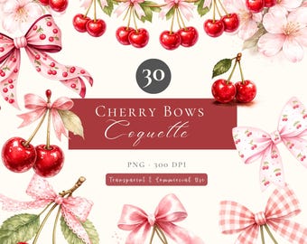 Coquette Cherry Watercolor Clipart Set, Coquette Cherry Bow, Watercolor bow clipart bundle (30 PNG Files)